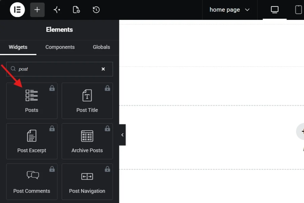 An Elementor elements panel showing a search query for a posts widget in the sidebar menu interface.