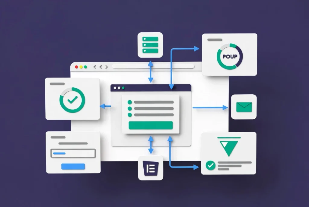 Elementor Pro marketing tools illustration with popup builder form and conversion workflow on indigo background