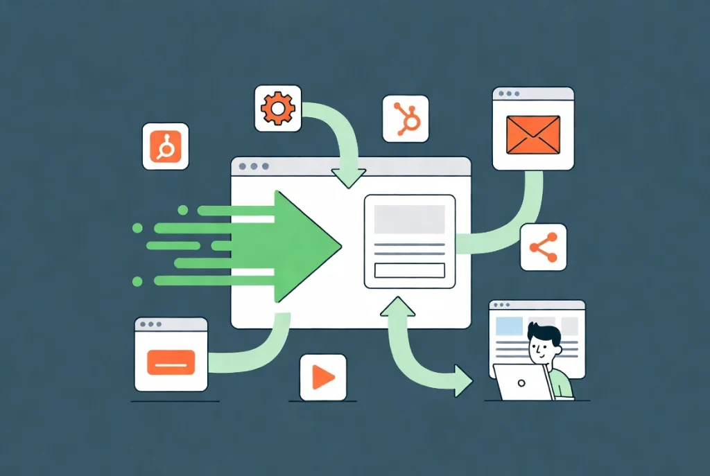 Streamlined website interface consolidating multiple plugin icons into one optimized system with performance flow arrows