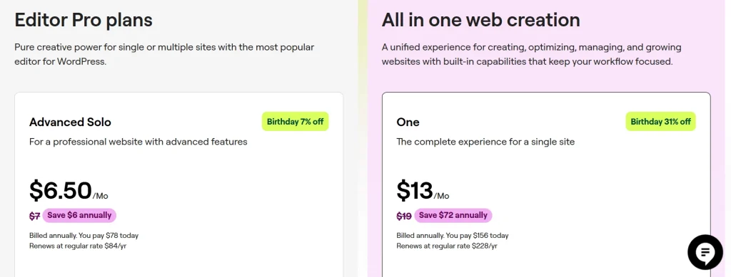 Elementor Editor Pro pricing plans comparison showing Advanced Solo and One options with birthday discounts