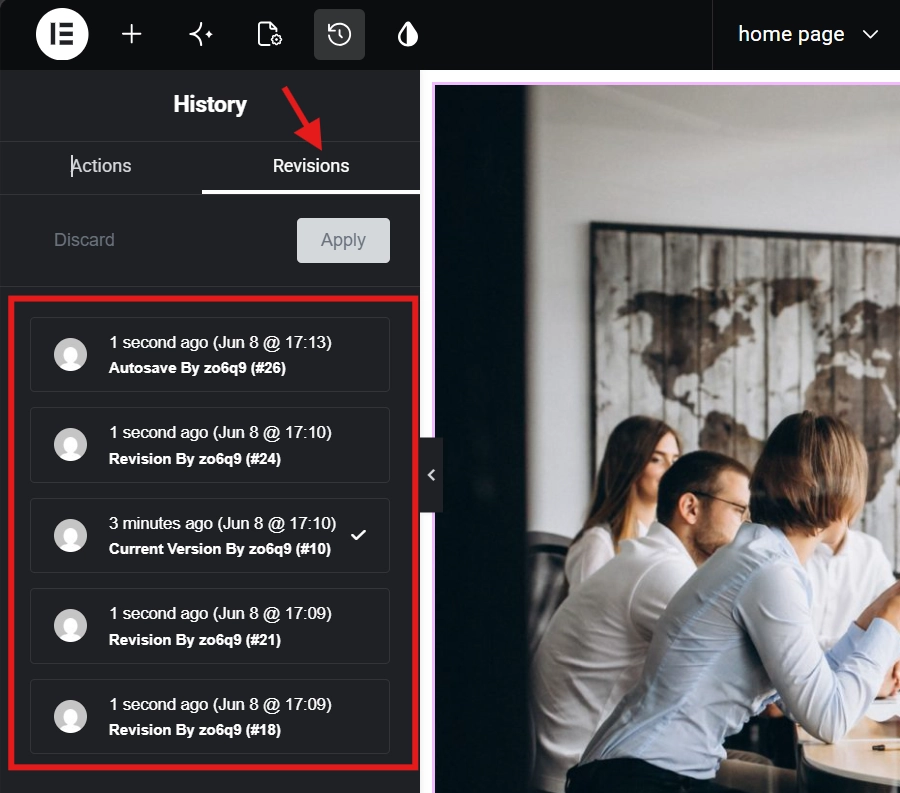 Flat vector illustration of Elementor Revisions tab with list of recent versions