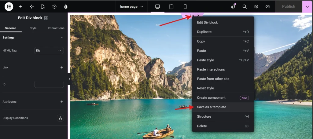 Elementor editor interface showing context menu option to save section as template with red arrows highlighting the feature