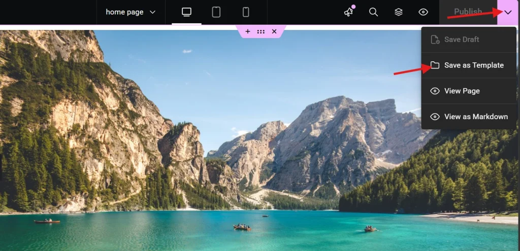 Elementor WordPress editor publish menu open with Save as Template option highlighted by red arrow