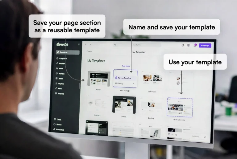 Person working with Elementor templates library on monitor showing save and reuse workflow