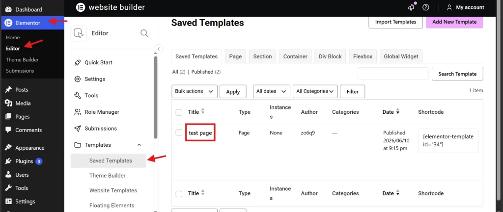 WordPress dashboard showing Elementor Saved Templates section with highlighted navigation to test page entry