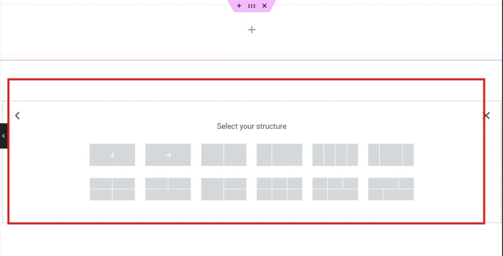 An Elementor structure selection area showcasing flexbox container layout choices within the editing canvas interface.