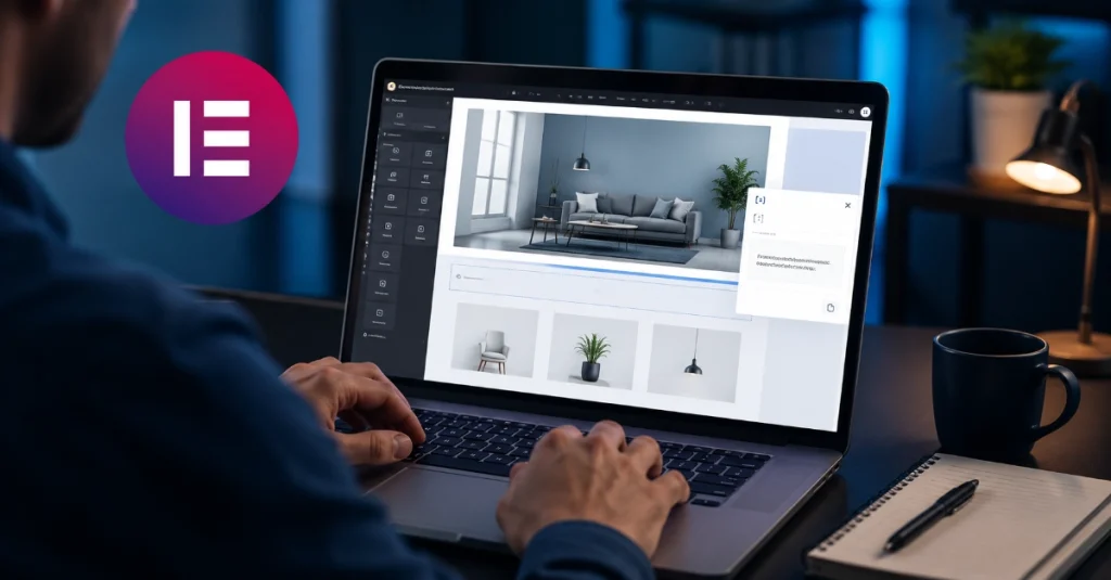 Professional using Elementor editor on laptop with shortcode layout panel in modern workspace