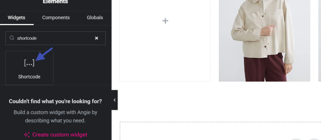 Elementor shortcode widget panel displayed beside page editor layout in WordPress builder interface