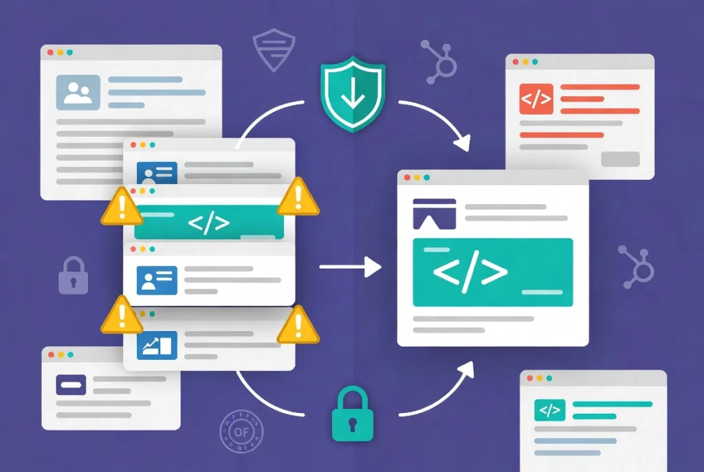 Clean versus cluttered website architecture illustration showing efficient Elementor combined widgets for optimal DOM structure