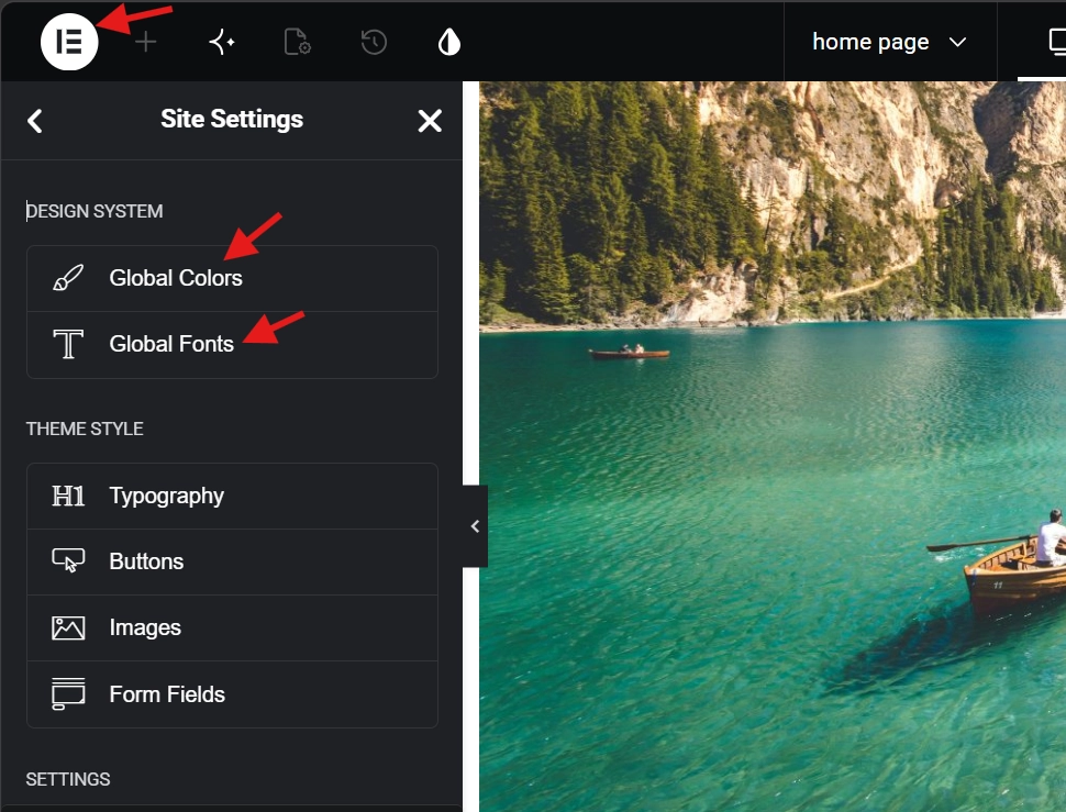 Elementor site settings panel highlighting global colors and global fonts options with red arrows