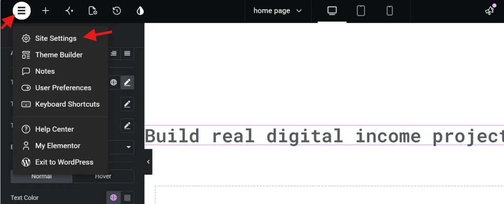 Elementor main menu open displaying Site Settings option in WordPress page builder interface