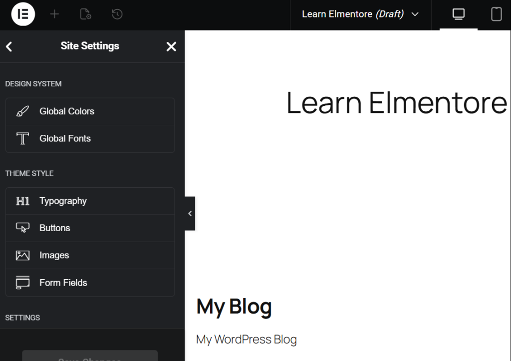 Elementor site settings panel open in WordPress editor displaying global colors, fonts and theme style options