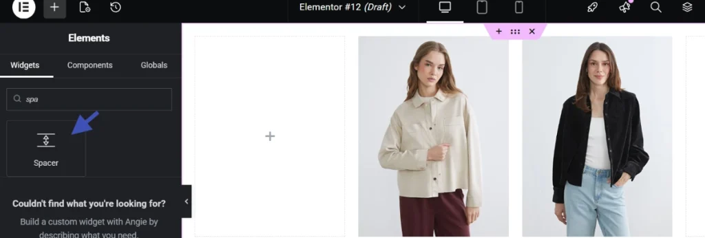 Elementor widgets panel with spacer tool highlighted next to image columns in page layout editor