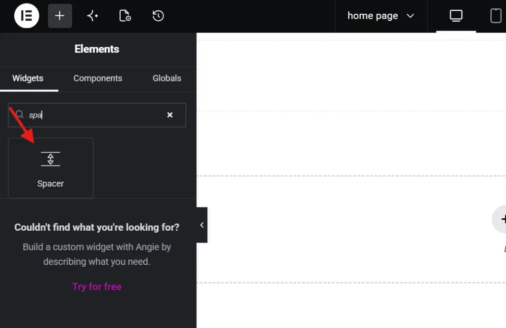 An Elementor elements panel showing a search query for an icon box widget in the sidebar interface.