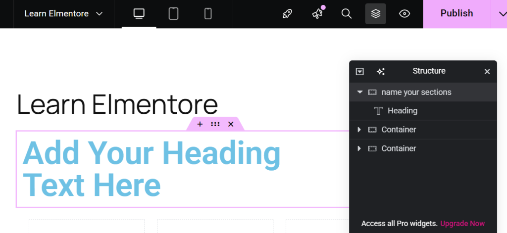 Elementor structure panel open on right showing page hierarchy with heading and containers on Learn Elementore page