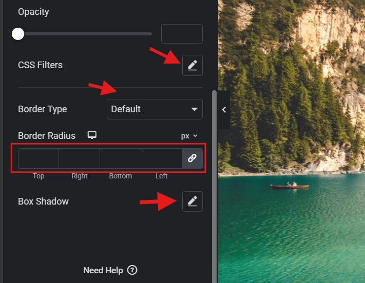 Elementor style tab interface displaying CSS filters border radius and box shadow controls for images