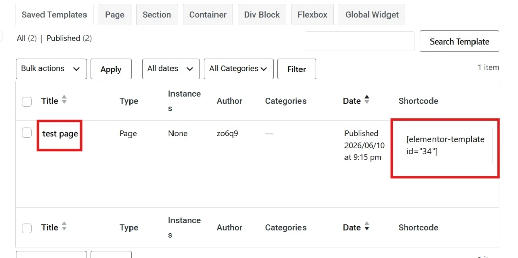 Elementor saved templates table highlighting test page title and shortcode for embedding