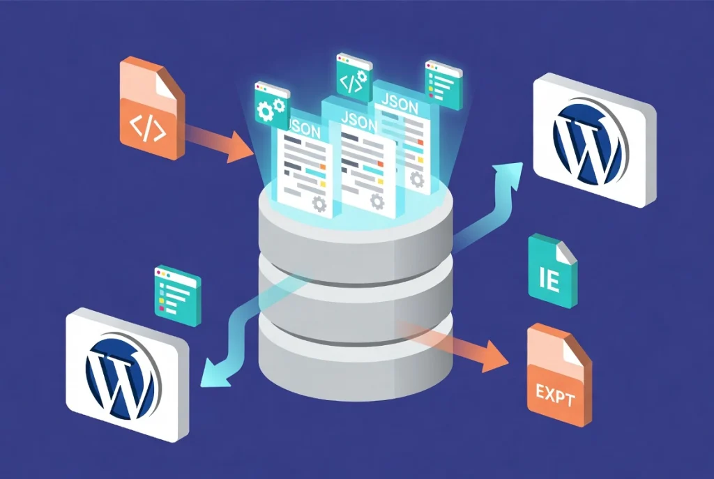 Elementor template data flowing as JSON packets between database and WordPress sites via workflow arrows