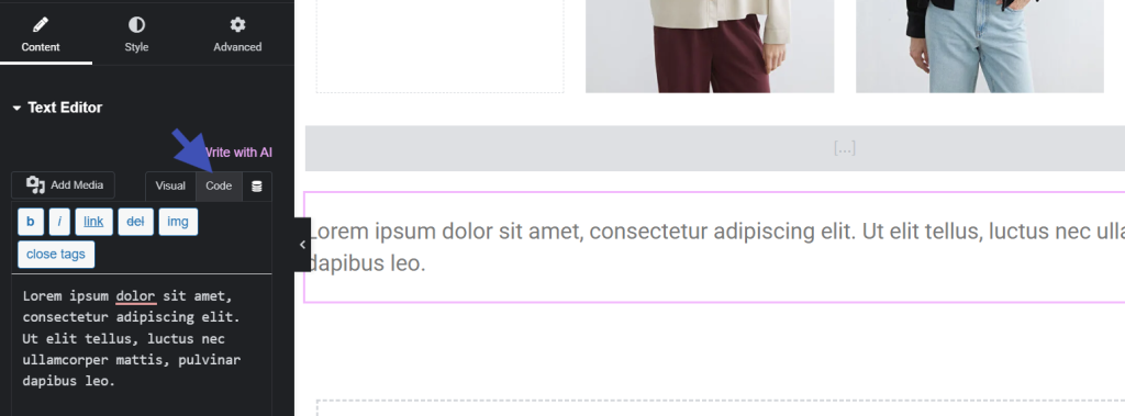 Elementor text editor showing code mode with HTML editing tools inside WordPress page builder