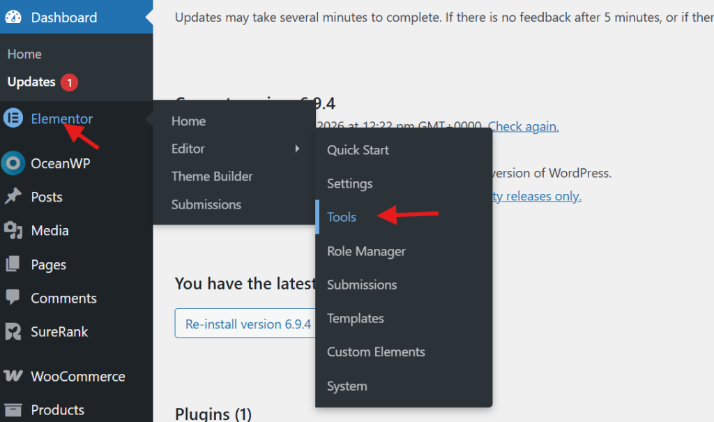 WordPress dashboard showing Elementor menu with red arrow pointing to Tools submenu
