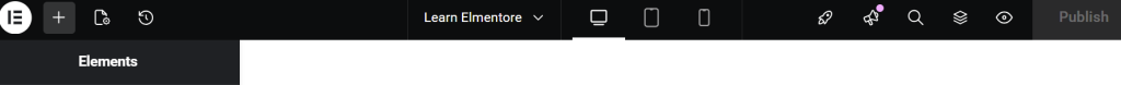 Elementor top toolbar in WordPress editor with Learn Elementore dropdown, device preview icons and Publish button