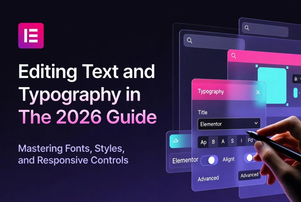 Futuristic Elementor typography editor interface with hand using stylus on glowing UI panel for 2026 guide