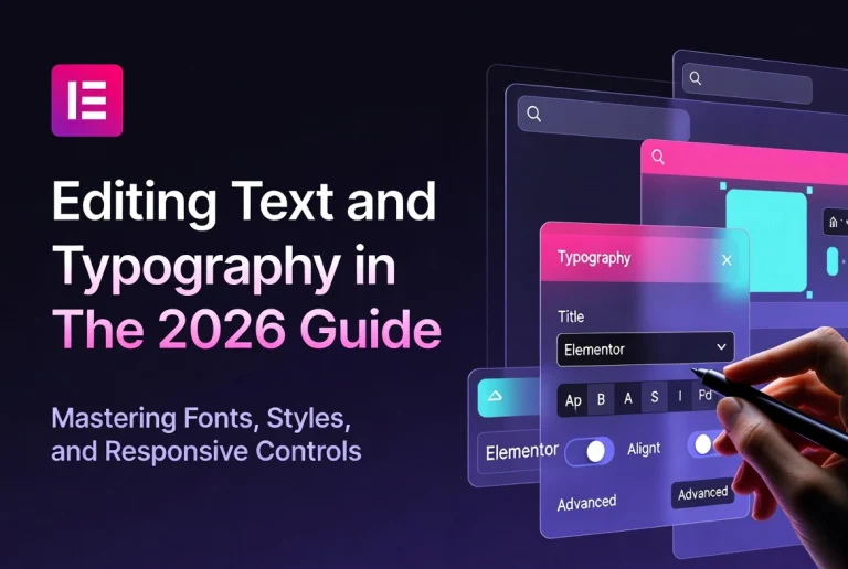 Futuristic Elementor typography editor interface with hand using stylus on glowing UI panel for 2026 guide