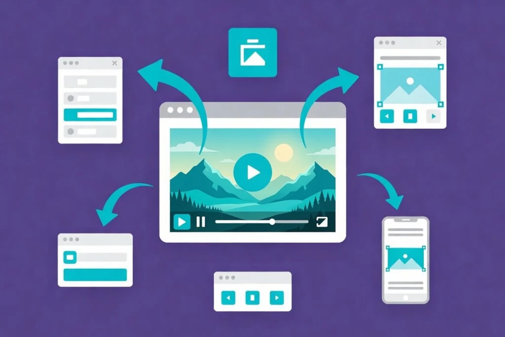 Illustrated man using Elementor page builder interface with video widget and laptop