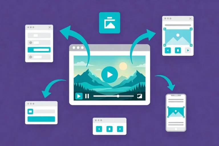 Illustrated man using Elementor page builder interface with video widget and laptop