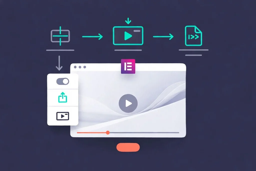 Modern illustration of Elementor video embedding workflow with browser interface and icons