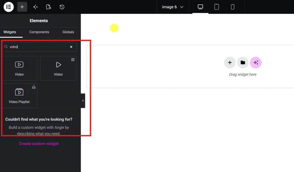 Elementor widgets panel showing video search results with highlighted Video widget options