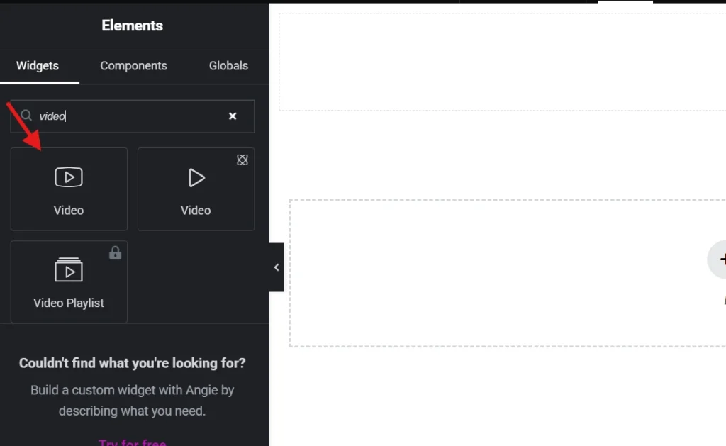 An Elementor page builder sidebar showing a search query for a video widget in the elements panel.