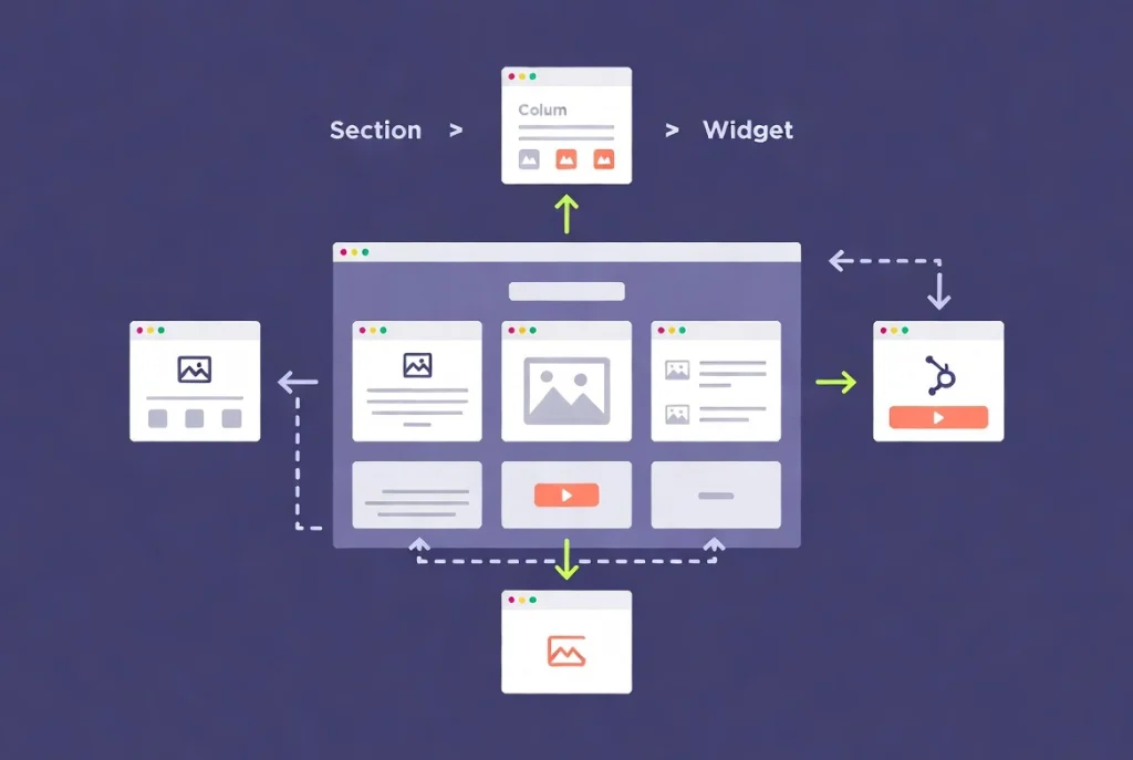 Elementor widgets as content units inside columns and sections in webpage hierarchy diagram