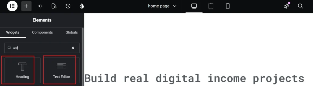 Elementor elements panel highlighting Heading and Text Editor widgets in search results