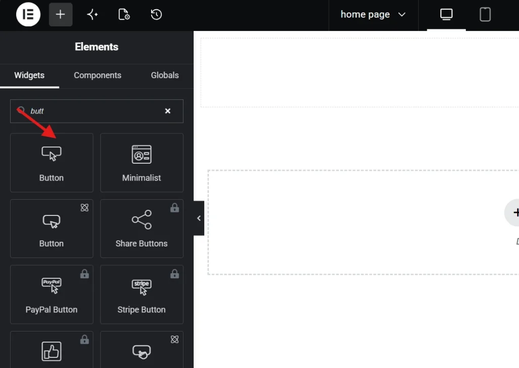 An Elementor page builder interface showing the widgets panel with a search query for a button element.