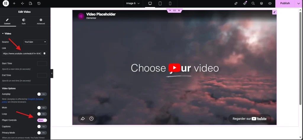 Elementor video editor interface showing YouTube embed settings with loop option highlighted