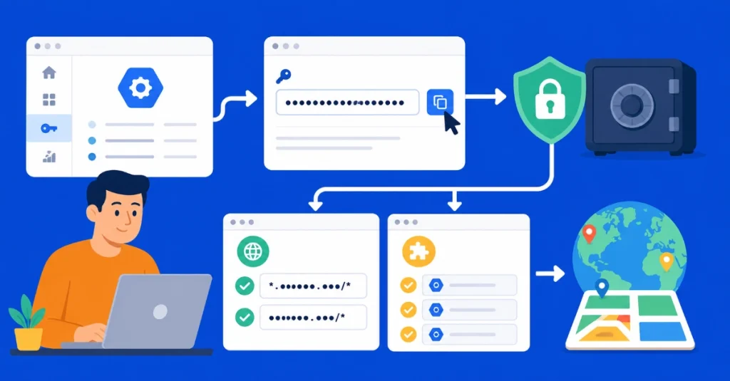 Flat vector illustration enabling Google Maps JavaScript and Geocoding APIs in Cloud Console workflow