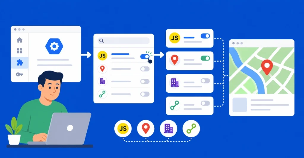 Flat vector illustration of enabling Google Maps JavaScript API and location services in Cloud Console