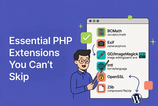 Cartoon instructor pointing to a checklist of extension icons with labels and arrows to WordPress in a UI window