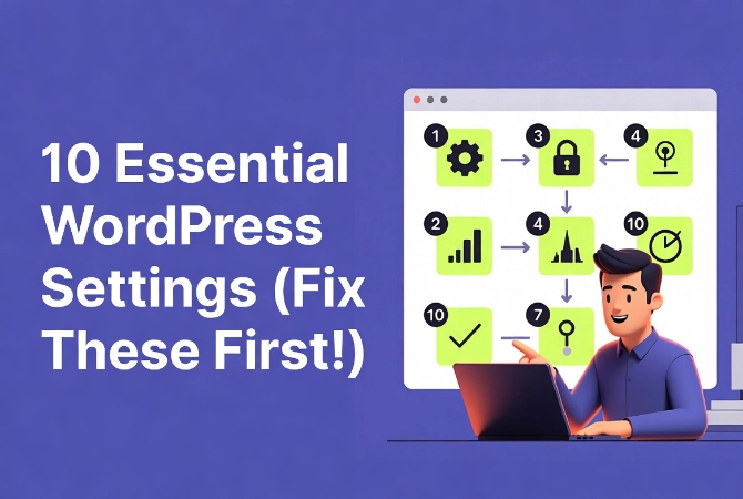 Friendly cartoon man sitting at laptop teaching 10 essential WordPress settings with numbered checklist icons and workflow arrows in flat vector style.