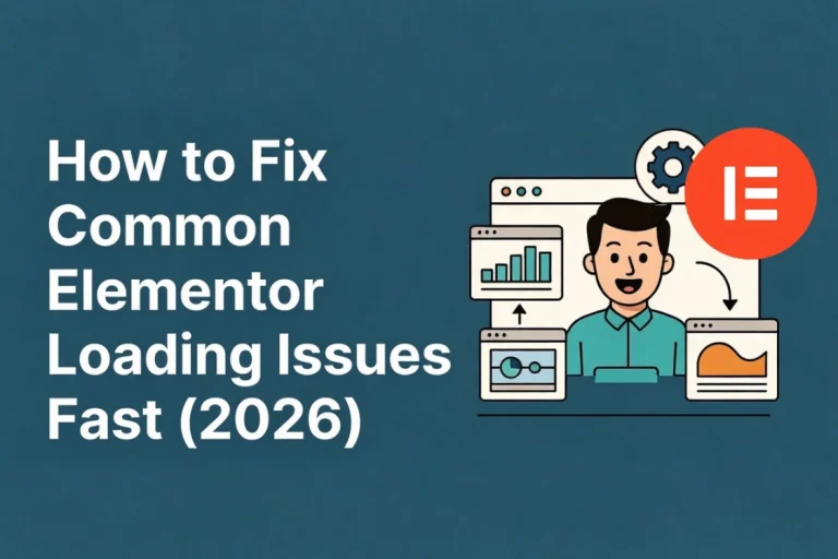 Flat vector banner with official orange Elementor icon for loading issues fix guide