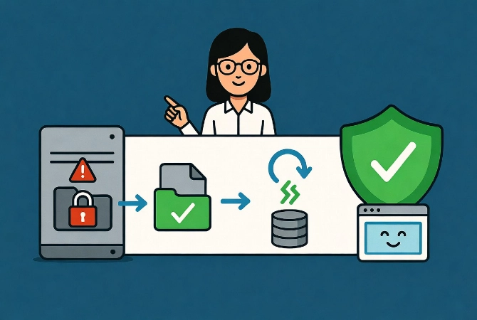 Friendly cartoon woman instructor demonstrating fixes for WordPress directory creation and redirect loop errors with permission folders, loop arrows and success workflow