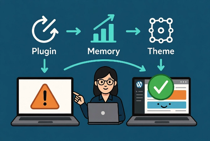 Friendly cartoon woman at laptop demonstrating the WordPress White Screen of Death and the step-by-step troubleshooting process leading to a successful fix