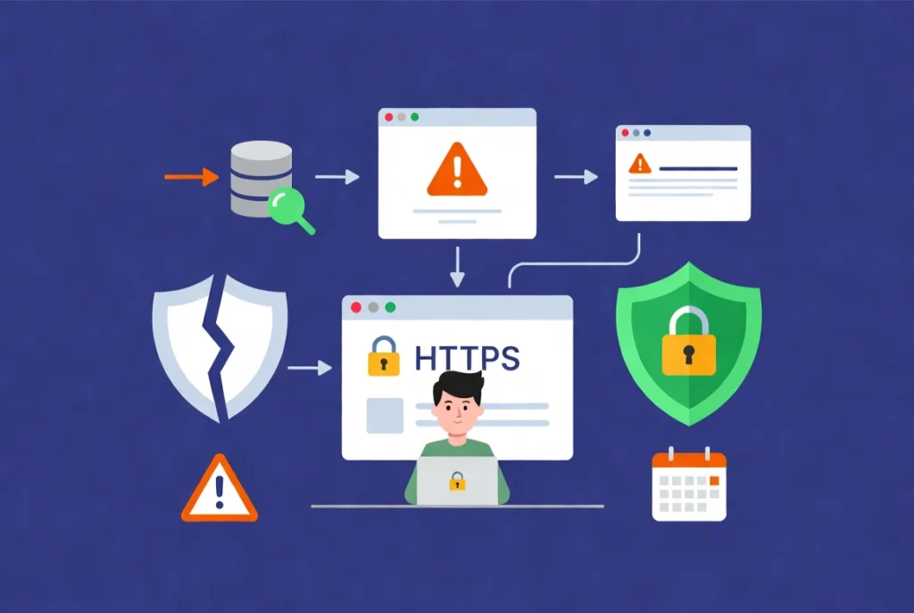 artoon person at laptop with HTTPS padlock and workflow arrows fixing mixed content warnings after SSL setup.