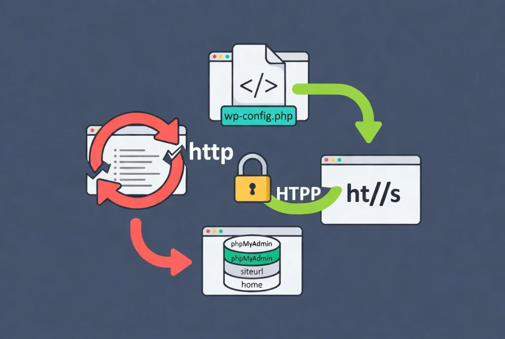 Flat vector illustration of breaking redirect loop cycle into fixed secure path with database and config file icons for WordPress.