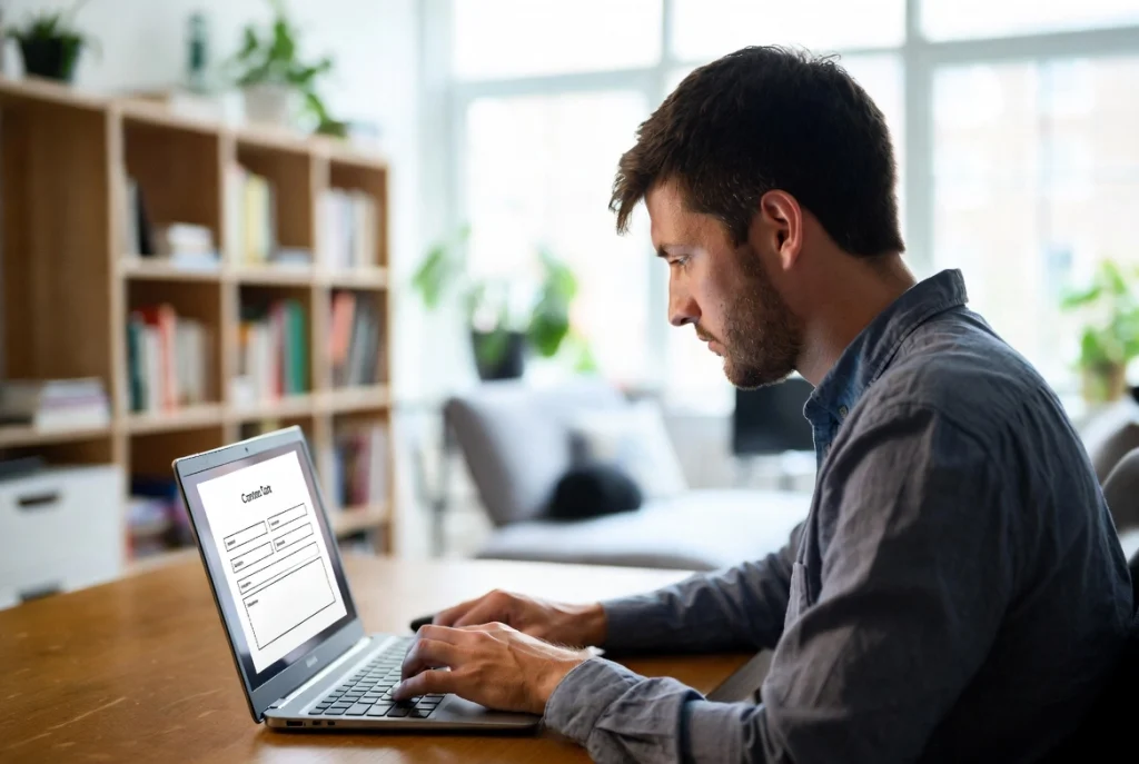Focused man typing on laptop displaying contact form in bright home office