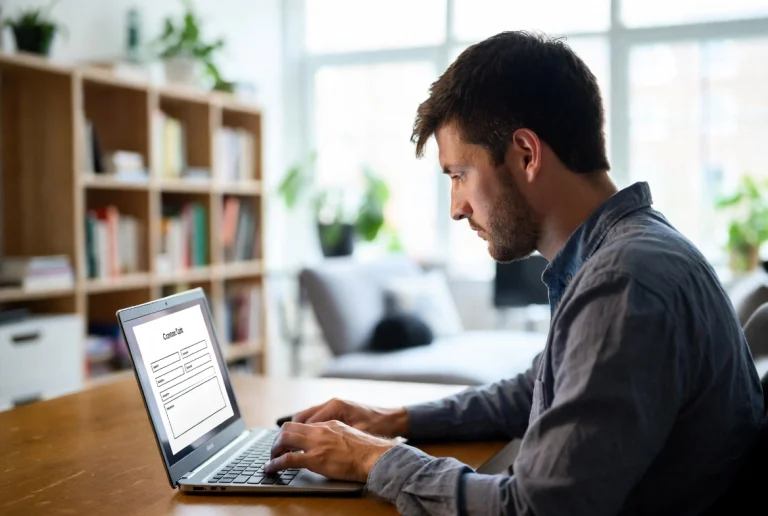 Focused man typing on laptop displaying contact form in bright home office
