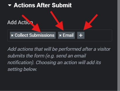 Form actions after submit interface showing collect submissions and email options