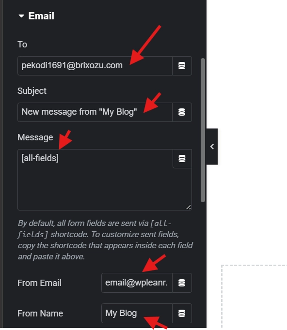 Email notification settings interface with to address, subject, message field and from details