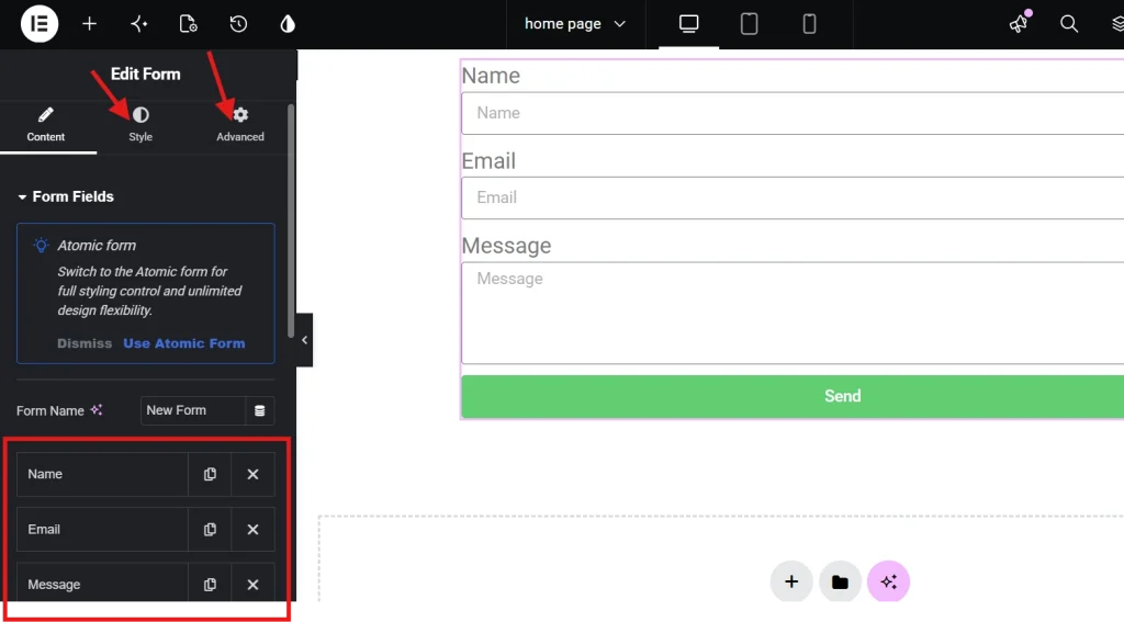 Website builder form editor interface displaying name email message fields list with Atomic form option and green send button preview